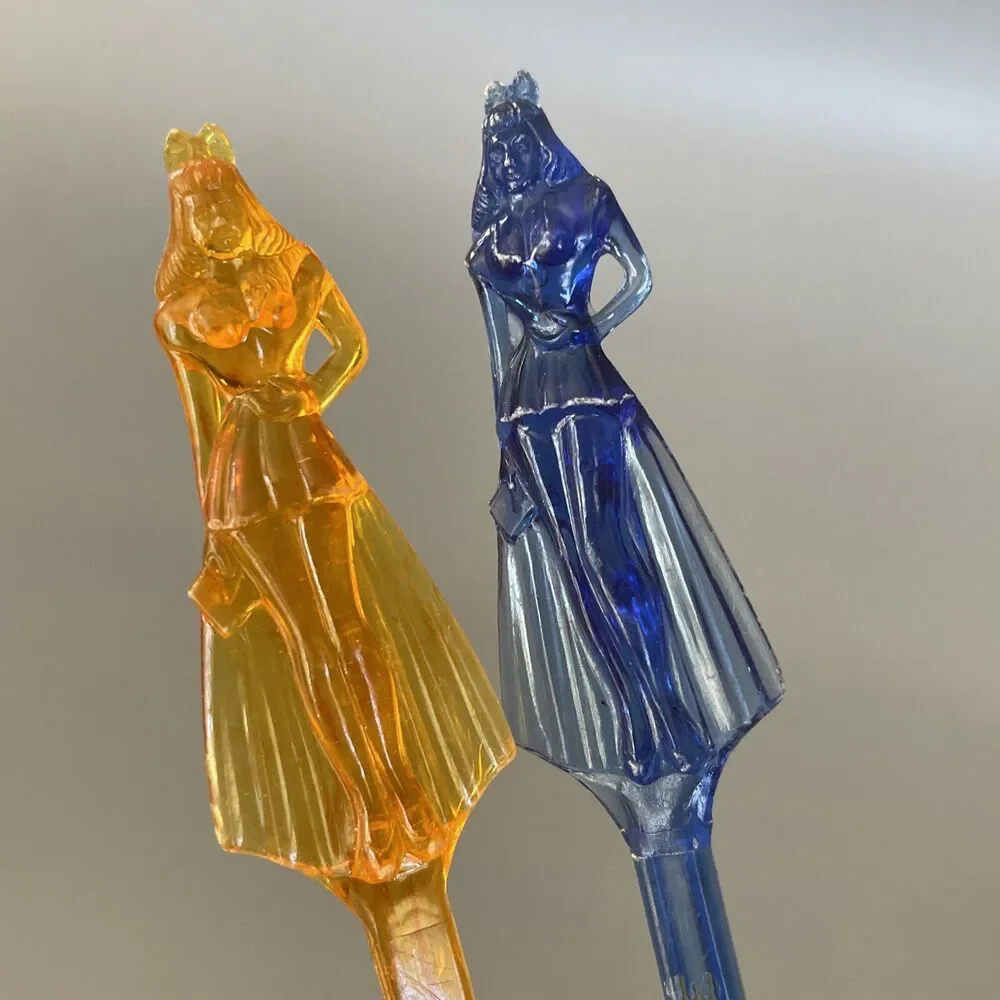Rare 2 Vintage Figural Lady Ritz SHERATON LOUNGE Swizzle Stir Stick & Spoon